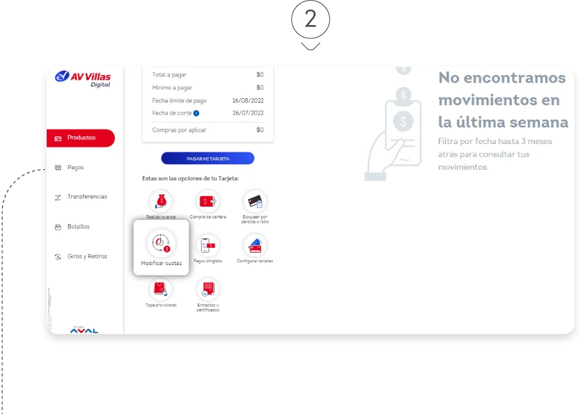 Modifica cuotas en compras o avances, en la banca digital PASO 2